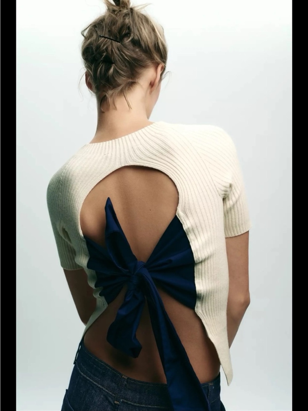 Zara ribbed sweater with back tie bow detail small nwt** with hole AS IS